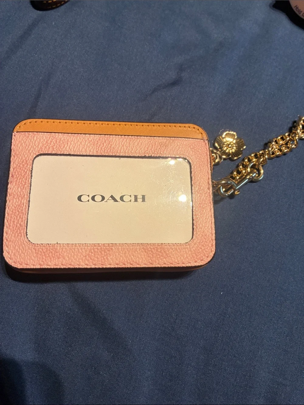 Coach Pink and Orange Leather Card Holder with Gold Chain